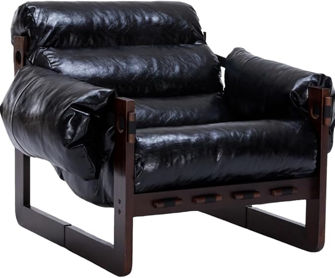 GDFStudio Aogex Oil Waxed Leather Lounge Sofa Accent Chair Leather Club Chair Armchair with Removable Pillow Comfort Chaise Lounge Single Reading Sofa for Living Room Bedroom Home Black