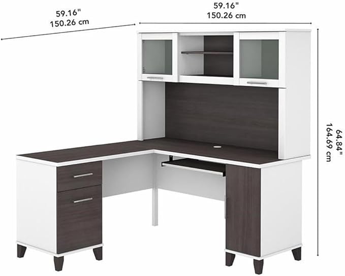 Pemberly Row 60W L Shaped Desk with Hutch White and Storm Gray Finish Engineered Wood Keyboard Tray Storage Cabinet File Drawer Adjustable Shelf Home Office Furniture
