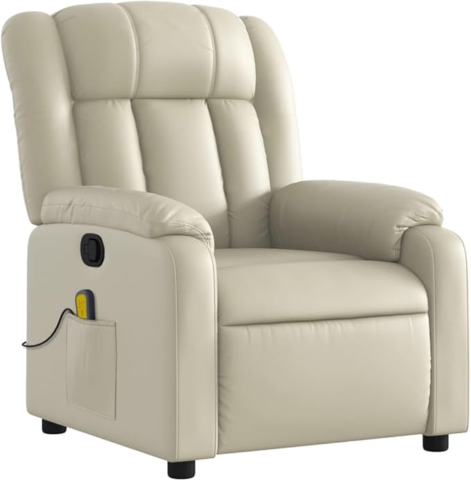 vidaXL Cream Faux Leather Massage Recliner Chair-Ergonomic Manual Reclining Lounge Chair for Elderly-6-point Vibrating Armchair