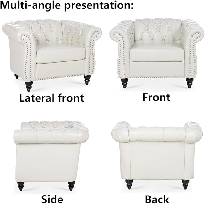 Modern Chesterfield Armchair PU Leather Rolled Arm Tufted Back Accent Chairs Upholstery Nailhead Trim for Living Room Office (White PU)