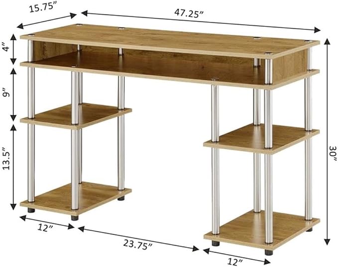 Pemberly Row No Tools Student Desk with Shelves 47.25 x 15.75 x 30 in Light Oak Wood Finish Particleboard Shelves Stainless Steel Legs Modern Home Office or Dorm Desk with Storage