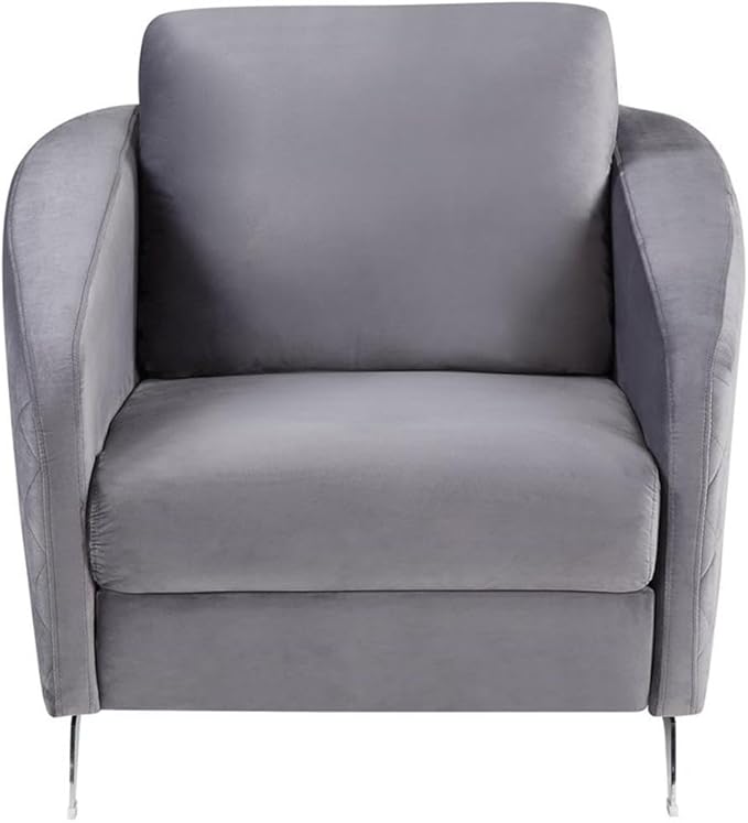 Lilola Home Sofia 36 W Gray Velvet Accent Chair with Silver Legs – Tufted Modern Armchair for Living Room Bedroom or Reading Nook