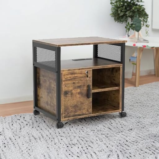 Unikito Rolling File Cabinet Lateral Filing Cabinet on Wheels Mobile Office Printer Stand with Door and Open Storage Shelf for A4 Letter Size and Hanging File Folders Lockable Rustic Brown