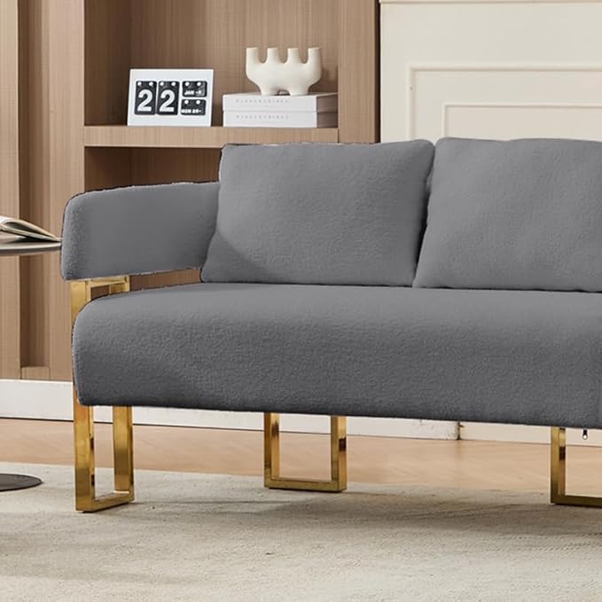 51 Comfy Loveset Sofa Grey Small Teddy Love Seat Sofa Bedroom Mini Couch Living Room Side Chair with Gold Metal Legs for Dressing Area Reception Room Office (Grey)