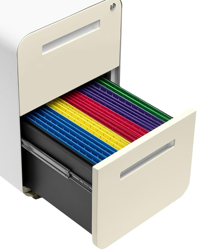 Laura Davidson Furniture Stockpile 2 Drawer Mobile File Cabinet with Lock - Under Desk Metal Filing Cabinet Legal/Letter File Folders Wheels and Stationary Feet Pre-Assembled Ivory