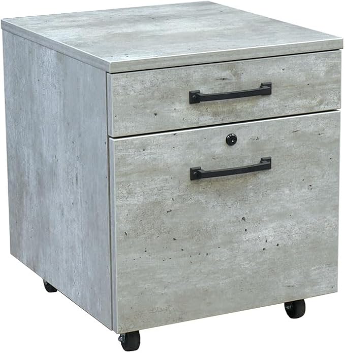 NBF Two Drawer Mobile File Pedestal Concrete with Locking File Drawer and Metal Drawer Pulls on Rolling Casters for Industrial Style