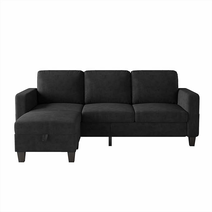 Sectional Sofa Couches for Living Room - 3-Seat Black-Velvet L-Shaped Modern Sofa Couch with Reversible Storage Ottoman &amp Storage Pockets for Living Room Apartment Studio or Small Space