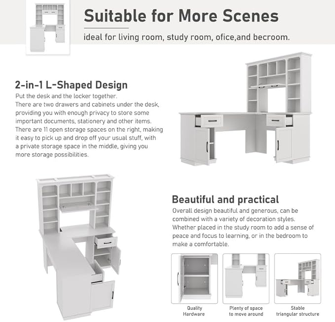 Polibi L-Shaped Computer Desk with Storage - 2-in-1 Design with 2 Drawers and 2 Cabinets 11 Open Shelves &amp Power Outlet for Home Office Study Room White