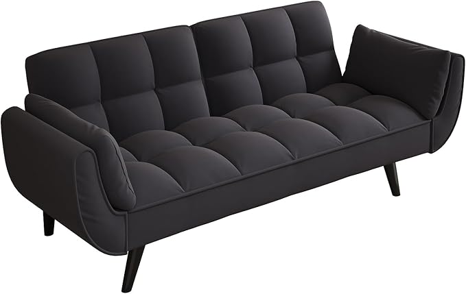 Velvet Futon Sofa Couch Bed with 2 Pillows Convertible Folding Futon Couch with Adjustable Backrest Love Seat Sleeper Sofa Bed for Small Spaces Living Room Office Apartment (Black)
