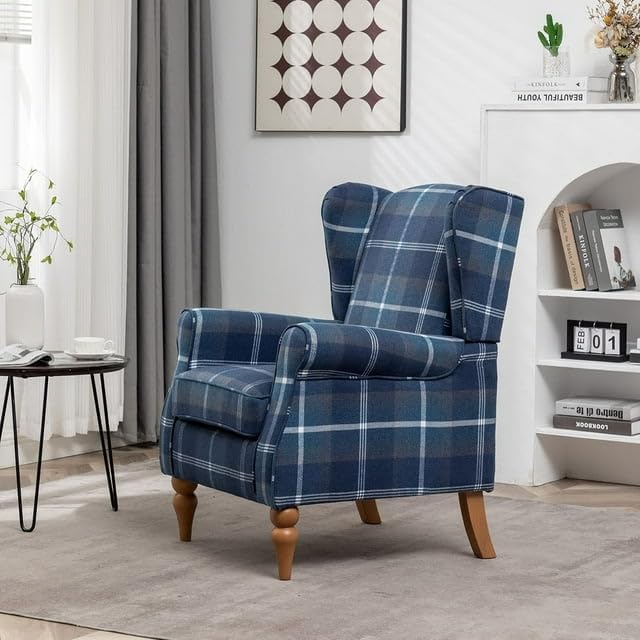 Modern Accent Chair with Retro Wood Legs Comfy Upholstered ArmchairTantan Check Design Single Sofa Chair for Living Room Bedroom Office - Blue