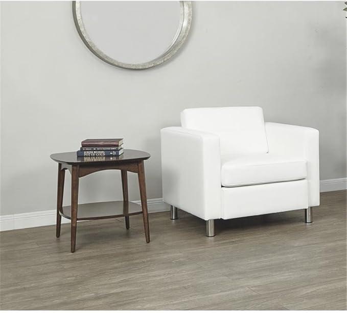 Pemberly Row Contemporary Faux Leather Armchair Snow White Vinyl Upholstery Silver Metal Legs Box Spring Seat 32 W x 30.5 D x 29.5 H Modern Guest Chair for Living Room or Office