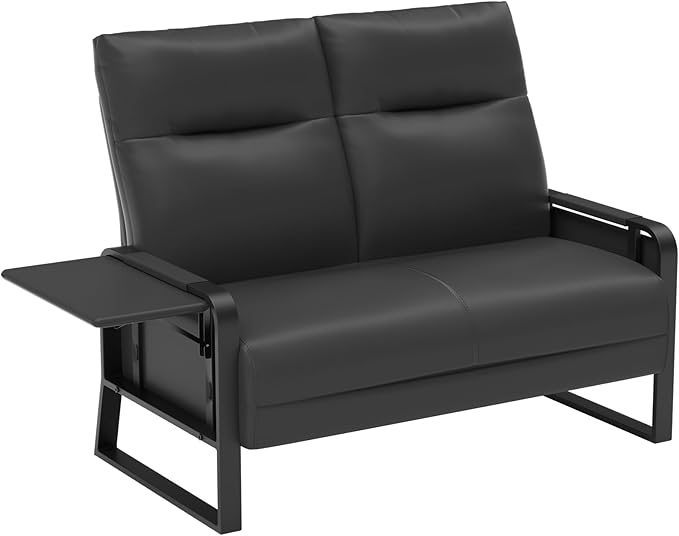 Faux Leather Loveseat Couch for Living Room Bedroom Office Small Sofa 2 Seater Couch with Flip Up Tray Table Side Pockets Leather Loveseats Black