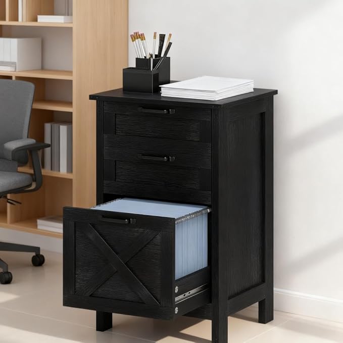 3 Drawer Small File Cabinet with LockUnder Desk Storage Cabinet Organizer Locking DrawersRustic Farmhouse Filing Cabinets for Home OfficeDistressedBlack