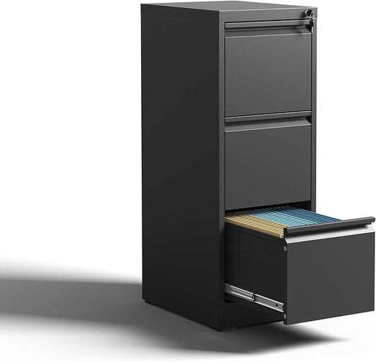 3 Drawer Small Metal Vertical File Cabinet with Lock Under Desk Storage Organizer Filing Cabinets for HomeOffice Locking Drawers for A4 Legal/Letter SizeBlack