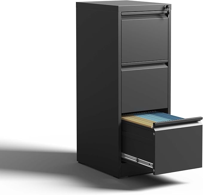 3 Drawer Small Metal Vertical File Cabinet with Lock Under Desk Storage Organizer Filing Cabinets for Home Office Locking Drawers for A4 Legal/Letter SizeBlack