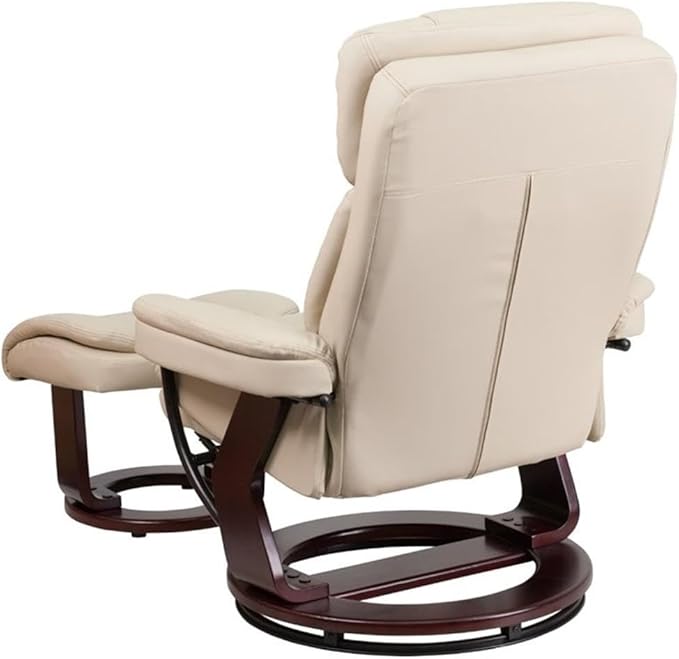 BOWERY HILL Contemporary Leather Swivel Recliner and Ottoman Beige LeatherSoft Upholstery Mahogany Wood Base Plush Foam Padding Adjustable Recline Living Room or Bedroom Chair Set