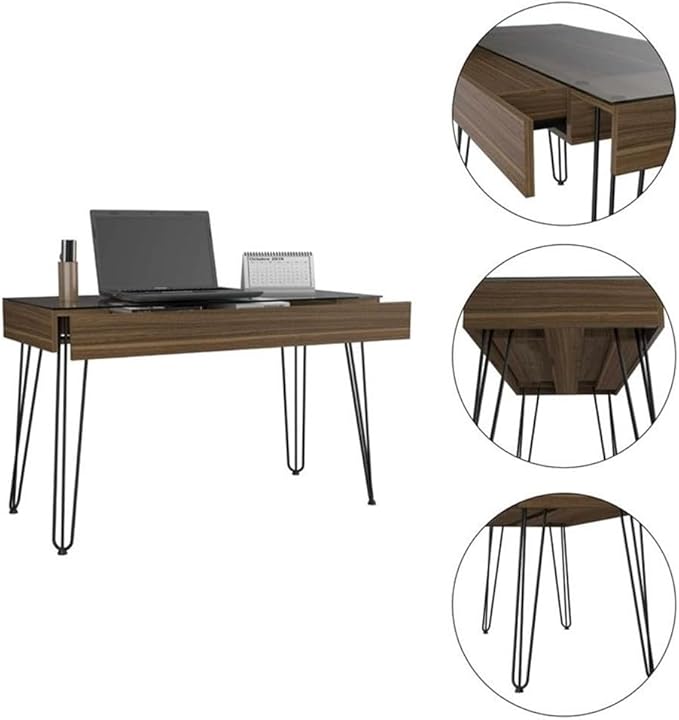 Atlin Designs Modern Wood Desk 47.2 W x 19.6 D Glass Top Mahogany Finish Abstract Steel Legs Industrial Style Spacious Drawer Home Office Desk for Small Spaces or Versatile Use