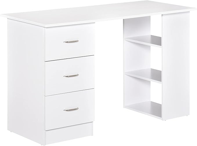 47-inch Computer Gaming Desk with Bookcase Combo Home Office Desks with 3 Drawers and Storage Shelf Wood Craft Study Table Workstation for BedroomWhite