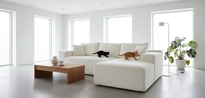 Ridge 2-Piece Convertible Corduroy L-Shaped Sofa in a Box with Pillows 3-Seater Modular Sectional Couch Compressed Living Room Furniture Beige (Right Facing)