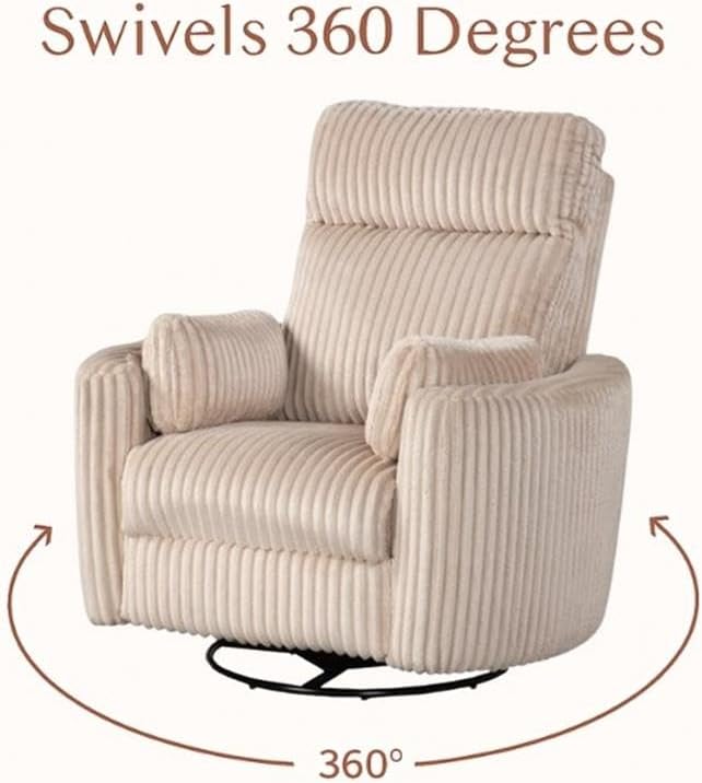 Pemberly Row Modern Large Corduroy Fabric Swivel Recliner Upholstered Seating Chair with Swivel Reclining Mechanism for Indoor Seating Use Fabric Construction in Ivory Finish