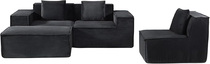 Harper Convertible Corduroy Sectional Couch with Ottoman &amp Pillows Modular L Shaped Sleeper Sofa Boneless Cloud Couch for Living Room Furniture Black