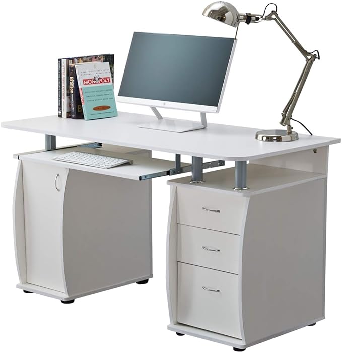 RayGar White Deluxe Design Computer Desk with Cabinet and 3 Drawers for Home Office Table Workstation - New (White)