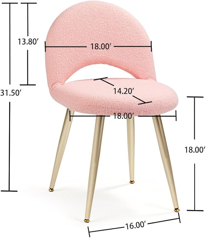 Vanity Chair with Adjustable Backrest Boucle Upholstery Armless Makeup Stool Gray Sherpa Vanity Stool with Gold Metal Legs for Bedroom Living Room Kitchen Dinning Room (Pink)