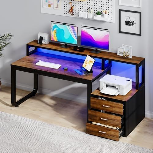 67'' Computer Desk with Drawers Black Desk with Storage and Monitor Stand Home Office Desk with LED Lights Black and Walnut