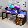 67'' Computer Desk with Drawers Black Desk with Storage and Monitor Stand Home Office Desk with LED Lights Black and Walnut
