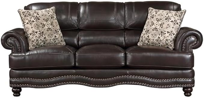 Pemberly Row Breathable Faux Leather Upholstered Sofa Brown Finish Solid Wood Frame High-Density Foam Padding Nailhead Trim Decorative Pillows Espresso Wood Feet Traditional Living Room Seating