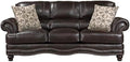 Pemberly Row Breathable Faux Leather Upholstered Sofa Brown Finish Solid Wood Frame High-Density Foam Padding Nailhead Trim Decorative Pillows Espresso Wood Feet Traditional Living Room Seating