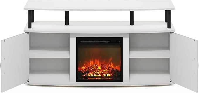 Furinno Jensen TV Stand Entertainment Center TV Console for TV up to 55 Inch with Fireplace and Open Shelf Storage Cabinet for Living Room Bedroom Plain White
