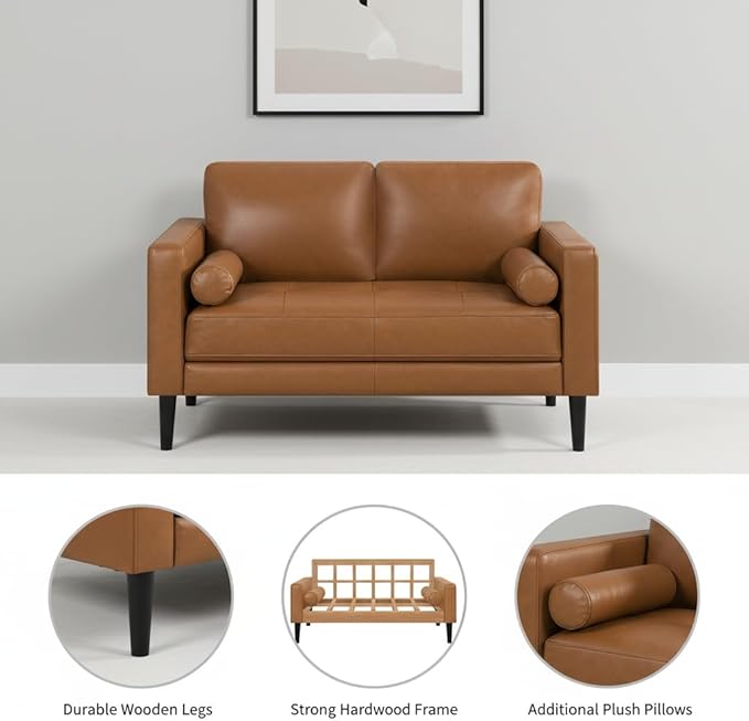 Naomi Home Genuine Leather Loveseat - Revel in Exquisite Leather Opulence - Unparalleled Luxury Mid Century Loveseat Embodiment of Cozy Lounging and Contemporary Design Tan