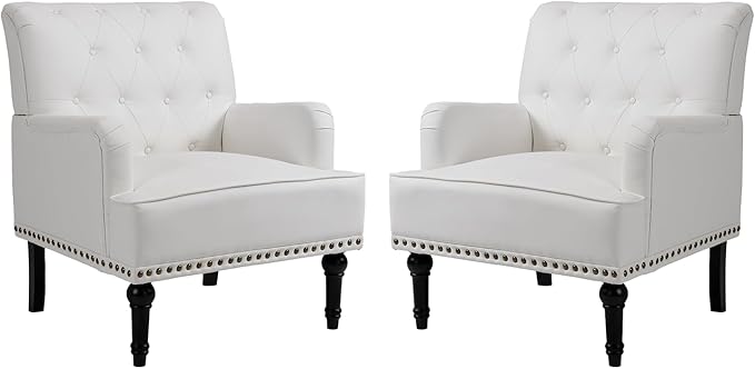 MOJAY Modern PU Leather Accent Chair Set of 2 Mid-Century Living Room Lounge Club Chair with Rivet Trim Single Sofa Reading Arm Chair for Bedroom Home Office Study Lounges(White)