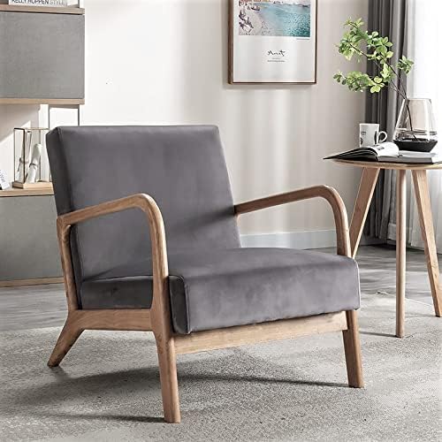 Classic Mid Century Modern Accent Chairs for Living Room or Bedroom Espresso Open ed Armchair with Plush Cushioning and Velvet Fabric Gray