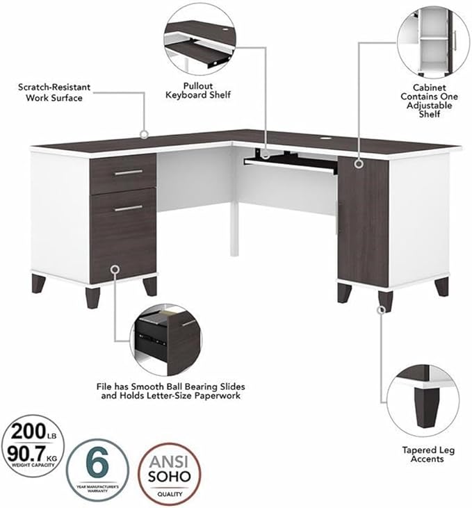 Pemberly Row 60W L Shaped Desk Engineered Wood White &amp Storm Gray Finish Corner Desk with Storage Pull-Out Tray Adjustable Shelf File Drawer Home Office Computer Desk
