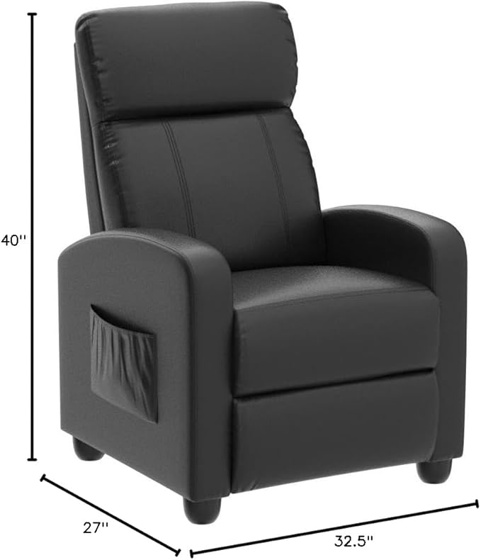 POWERSTONE Recliner Chair PU Leather Recliner with Massage Function Small Reclining Chair Single Sofa Chair Home Theater with Thicker Cushion Wing Back Reading Chair for Living Room Office (Black)