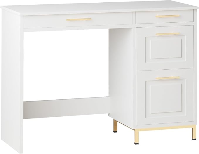 4 EVER WINNER White Desk with Drawers 44 Inch Computer Desk with Storage and Golden Handle Writing Desk Sturdy Table for Home Office White and Gold Desk