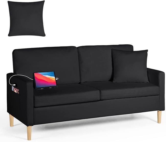AILEEKISS 66 W Loveseat Sofa with 2 USB Mid Century Modern Love Seats PU Leather Furniture Tufted Upholstered Love Seat Couch for Living Room Office Apartment Bedroom (3-Seater Black)