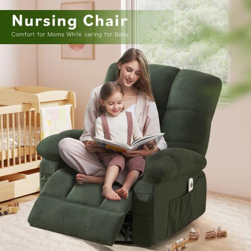 Oversized Recliner Chair for Adults w/ 8-Point 3D Kneading Massage and Lumbar Heating Swivel Rocker Recliner w/USB Charge Port for Living Room Ergonomic Lazy Boy Single Sofa Chair (Green)