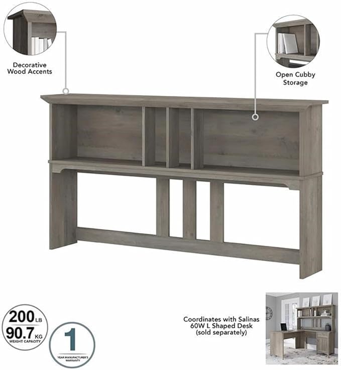 Bush Home Salinas L Shaped Desk with Hutch in Driftwood Gray | Corner Table with Drawers and Storage for Home Office