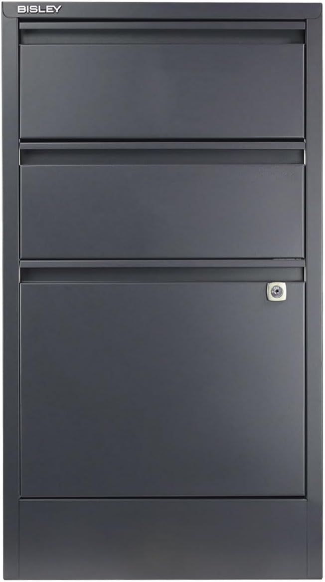 Bisley 3-Drawer Flush Front Vertical File Cabinet - Anthracite Grey 2 Utility Drawers + 1 Hanging File Drawer Powder-Coated Steel Locking Bottom Drawer
