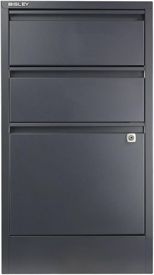 Bisley 3-Drawer Flush Front Vertical File Cabinet - Anthracite Grey 2 Utility Drawers + 1 Hanging File Drawer Powder-Coated Steel Locking Bottom Drawer
