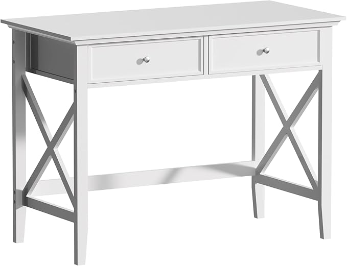 White Computer Desk with 2 Drawers Modern Makeup Vanity Desk with Storage Writing Desk for Home Office 42'' Long Study Simple White Desk for Bedroom Console Table Living Room