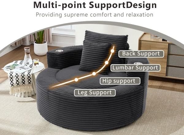 55 Black Oversized Round Boneless Couch Sofa Velvet Memory Foam Cloud Couches Lounge Chair Comfy Fluffy Single Sofa with 3 Pillows for Living Room Bedroom No Assembly Required (Black .)