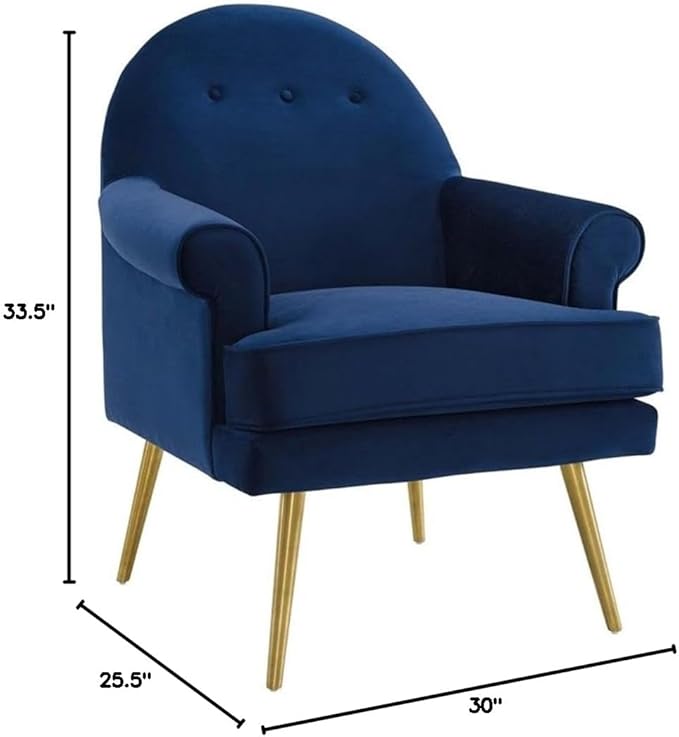 Pemberly Row Modern Velvet Button Tufted Accent Armchair Navy Upholstery Gold Stainless Steel Legs Dense Foam Padding 25.5 H x 30 W x 33.5 D Living Room Lounge or Home Office Chair