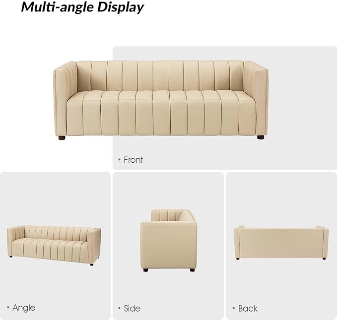 HULALA HOME 83 Genuine Leather Sofa with Channel Tufted Design 3-Seater Sofa for Living Room Bedroom Modern Oversized Couch with Wood Legs Beige