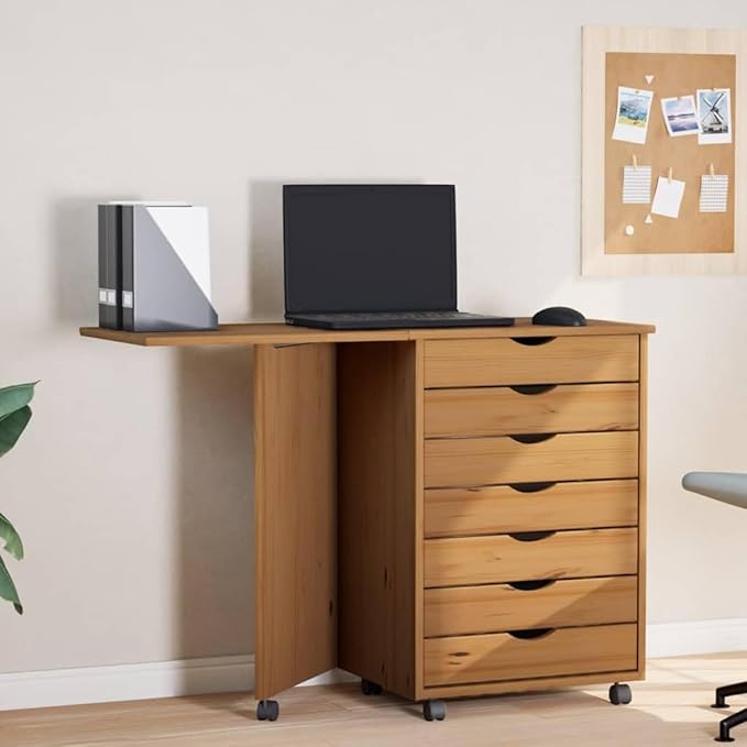 YAFF Solid Pine Rolling Cabinet with Desk Foldable Design Honey Brown Finish 7 Drawers Space-Saving &amp Durable Ideal for Home Office &amp Living Room 41.5x41.5x29.3 in