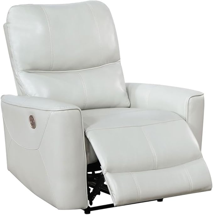 Pemberly Row Faux Leather Upholstered Power Recliner Chair Ivory Finish 39.75 H x 36.5 W x 37 D Foam Cushions USB Port Modern Design for Living Room Relaxation
