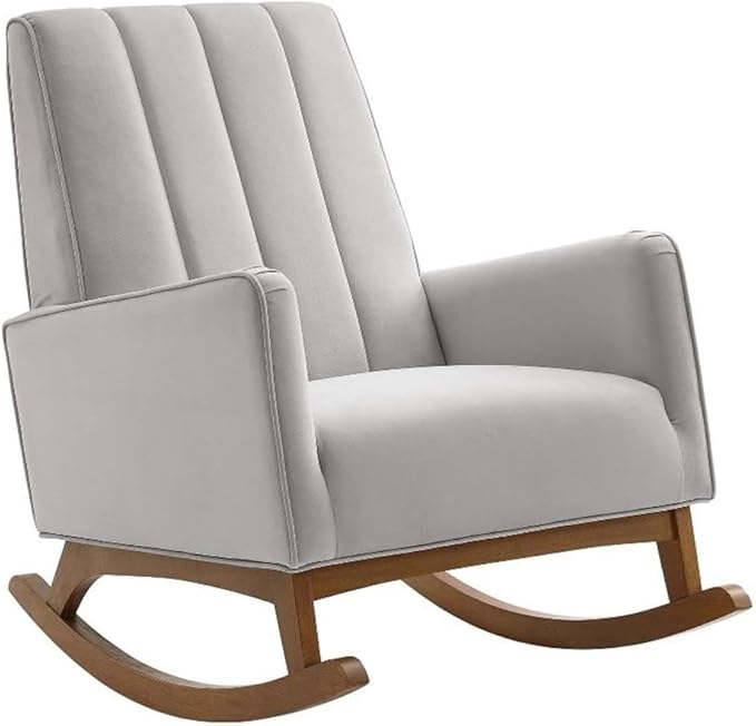 Maklaine Modern Performance Velvet Rocking Chair 36.5H x 27.5W x 39D Light Gray Upholstery Stain-Resistant Fabric Channel Tufting Wooden MDF Base Comfortable Accent Chair for Living Room or